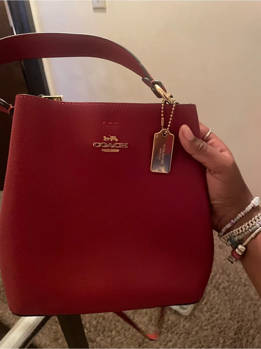 Coach Red Pebbled Leather Top-Handle Satchel with Gold Hardware